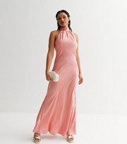 New Look Petite Pink Satin Ruched Halter Maxi Dress